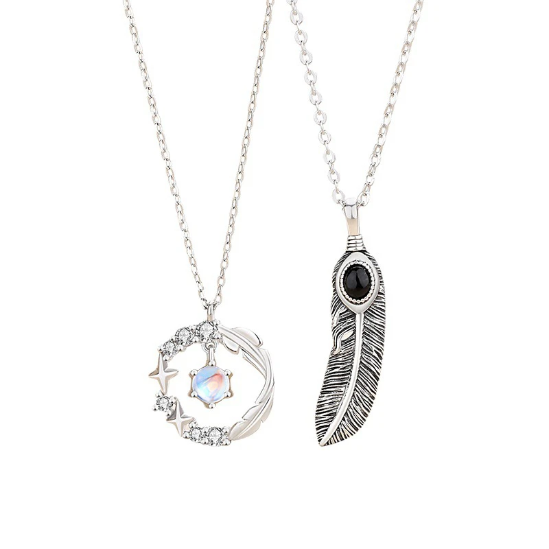 

S925 Stamp Silver Color Necklace Fashion ZIrconia Feather Couple Necklaces For Women Men Lovers Anniversary Best Jewelry Gift