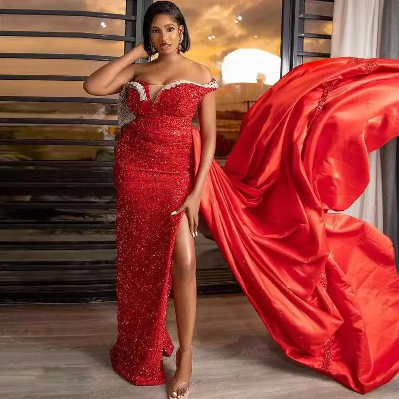 

Red strapless sequin train prom dress wedding formal party evening dress