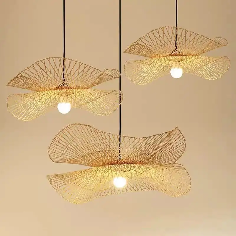 Bamboo Woven Wicker Chandeliers Rattan Shade Cap Pendant Lights Chinese Country Style Hanging Kitchen Livingroom Lamp Bedroom