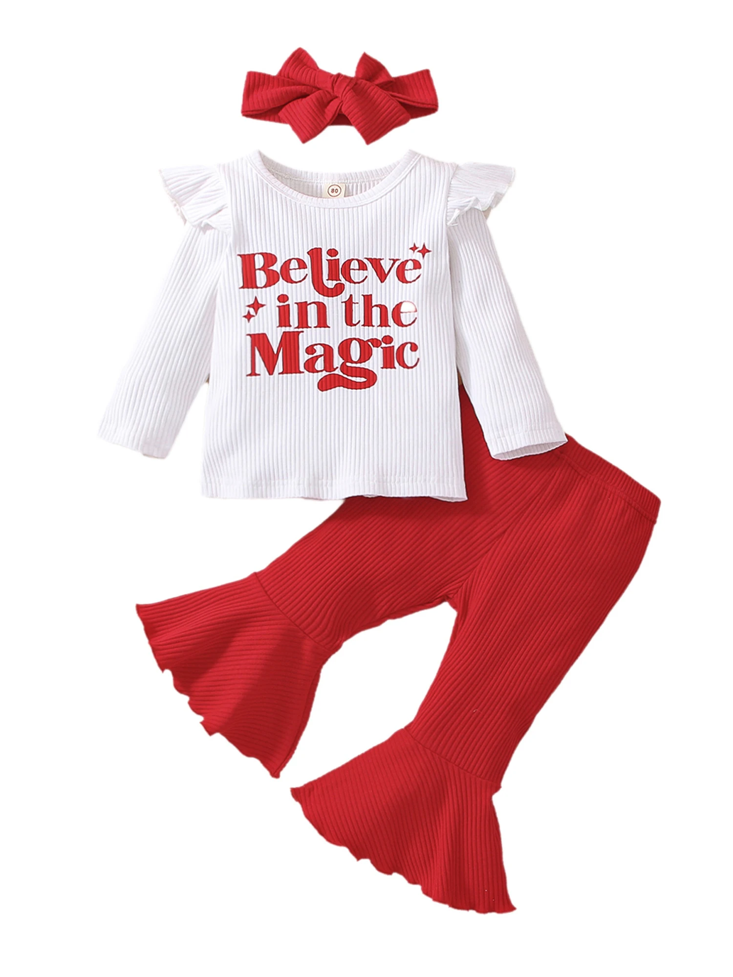 

3Pcs Toddler Baby Girl Christmas Outfits Ruffle Crewneck Sweatshirt Top Santa Bell Bottoms Pants Headband Set