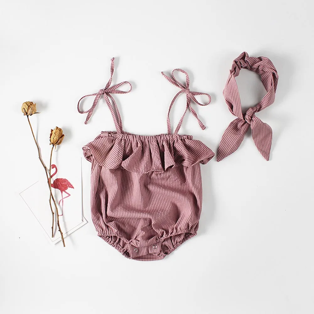

Baby Girls Romper Summer Sleeveless Striped Pattern Sling Straps Lotus Leaf Design Button Closure Jumpsuit with Bow Hair Band