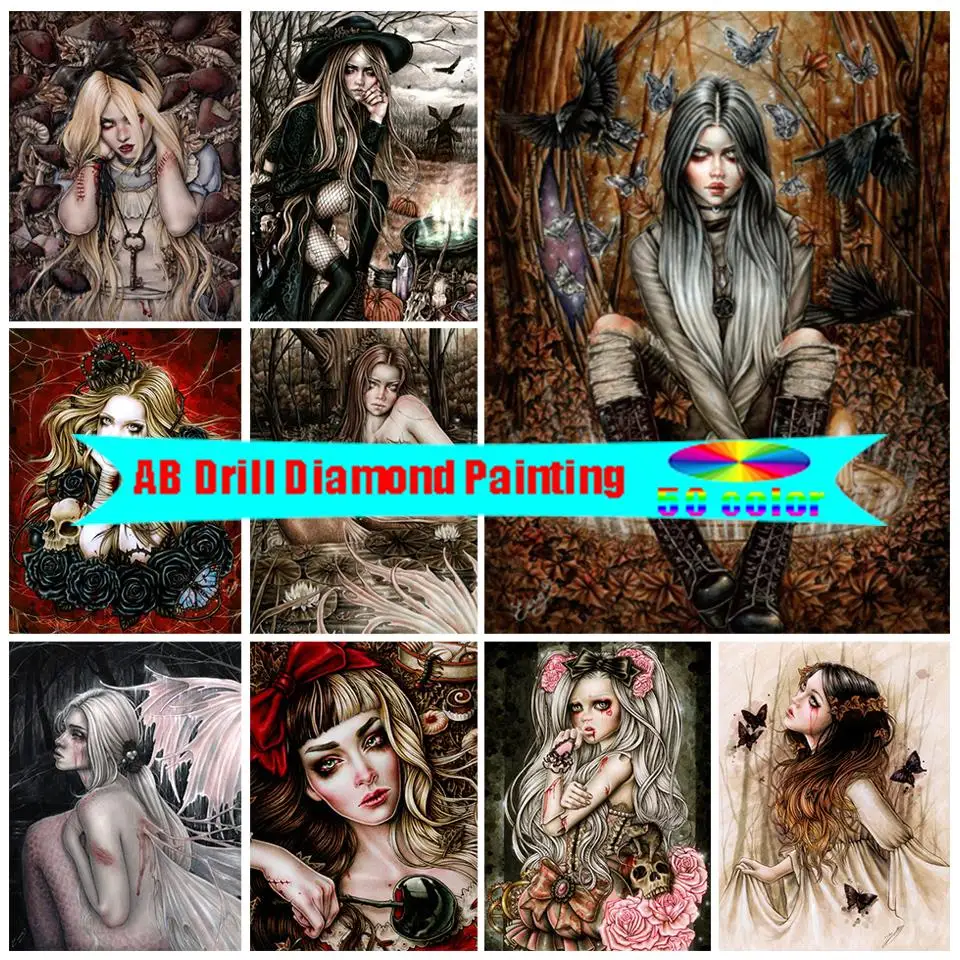 

Готическая алмазная живопись, искусство Dark Girl 5D, алмазная вышивка, Набор для вышивки крестиком, картины стразы, портрет, Настенный декор