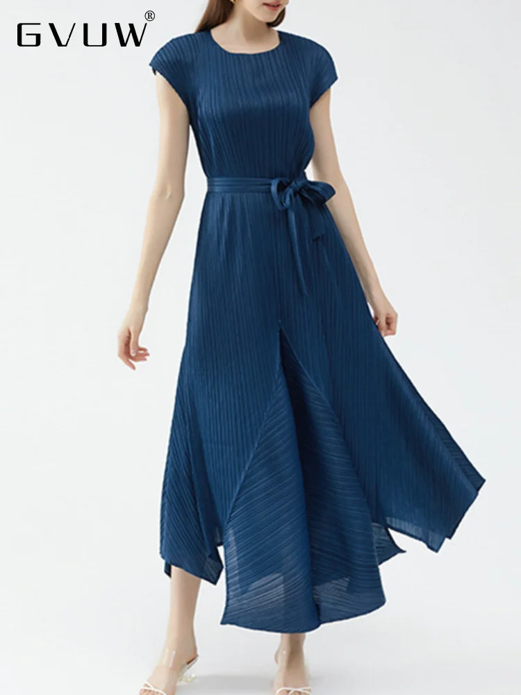 

GVUW New Lace-up Pleated Dress For Women 2023 Summer Round Neck Garment Sleeves Loose Female Solid Color Casual Clothing 17G1812
