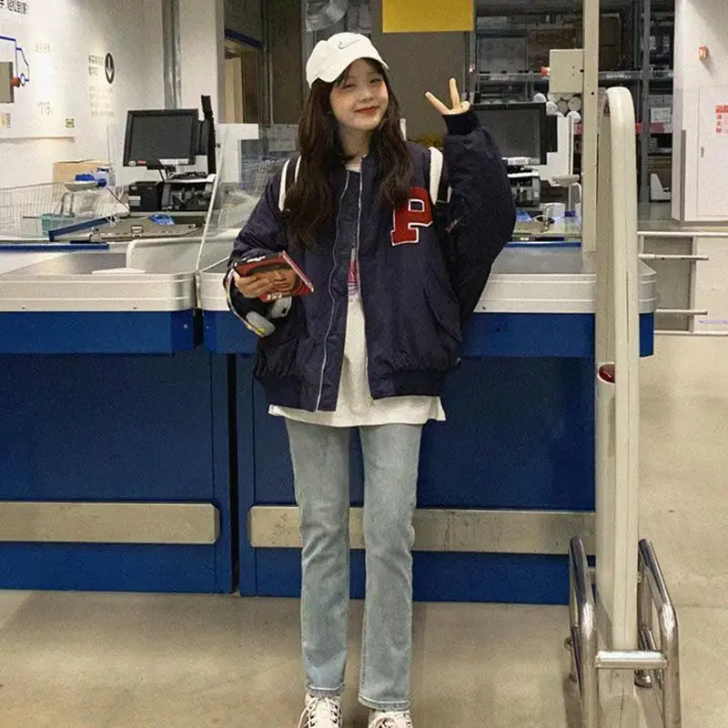 Куртка-бомбер женская оверсайз из овечьей шерсти в Корейском стиле