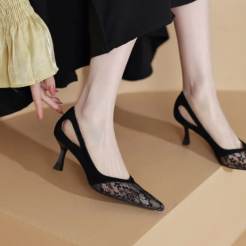

2022 New Sexy Lace Summer Shoes Fashion Spring High Heels Women Pumps Pointed Toe Slip on Hollow Out Black Work Shoes Dropship