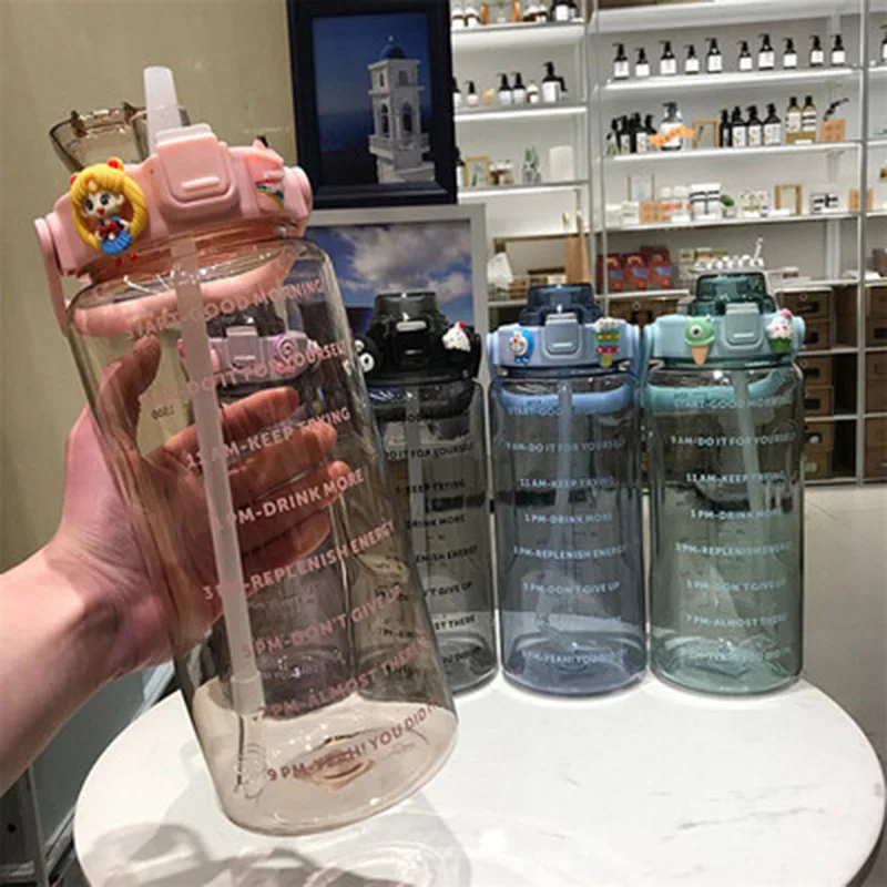 

2000mL Fitness Sports Bottle with Straw and Bouncing Lid Creative Large Capacity Water Plastic Cups with Scale Gifts for Friends
