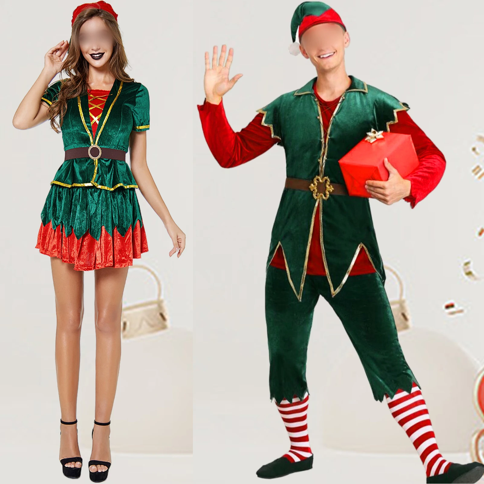 

Male Female Green Clothing Festival Style Men Women Christmas 5 Pieces Set V Neck Slim Fit Elastic Waist Vacation Outfit