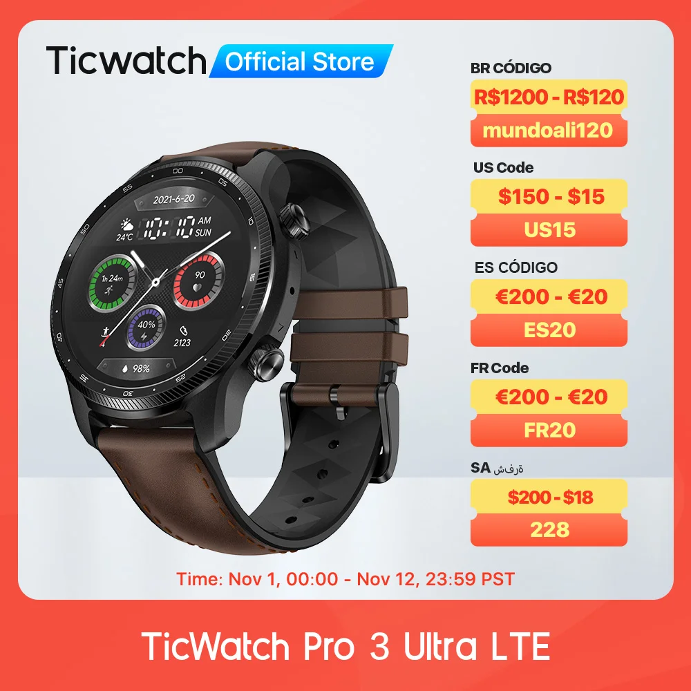 

Смарт-часы TicWatch Pro 3 Ultra LTE, Смарт-часы Vodafone и Orange Snapdragon Wear 4100, мониторинг уровня кислорода в крови, NFC платеж