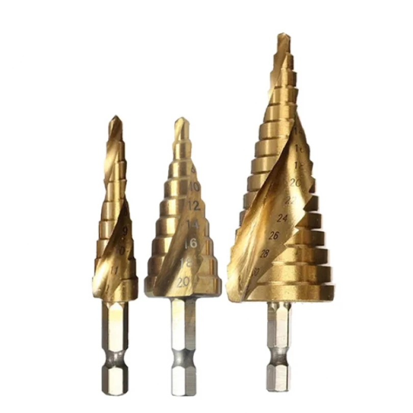 

3pcs 4-12/20/32mm HSS Hex/ Triangular Shank Spiral Step Drill Bit Set Titanium Coated Wood Metal Hex Handle Hole Opener Cutter