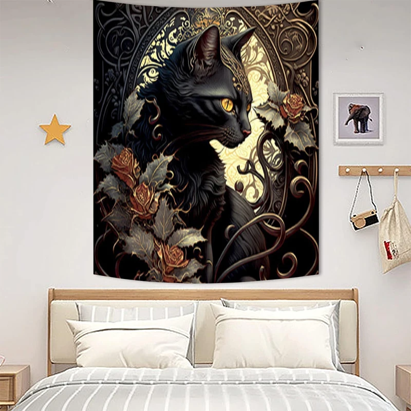 

Fabric Tapestry for Wall Decor Psychedelic Black Cat Home Decoration Tapestries Room Decors Aesthetic Tapries Bedroom Hanging