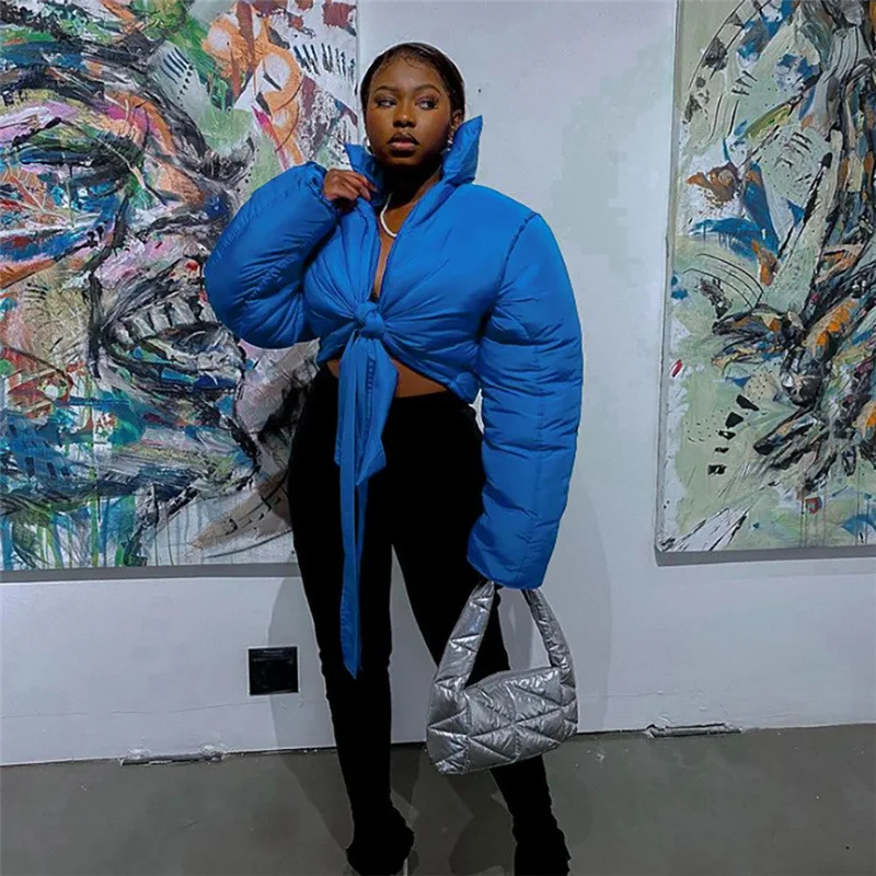 WeiYao Solid Puffer Cotton-Padded Bandage Jacket Women Harajuku Turtleneck Casual Coat Female Streetwear Autumn Winter Clothing
