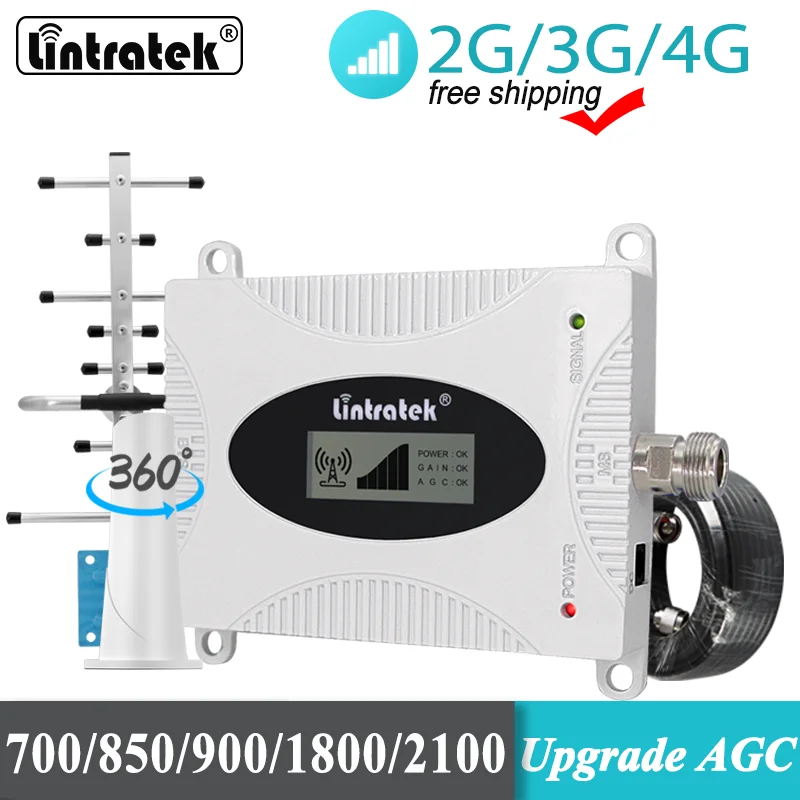 Lintratek Cellular amplifier GSM 900 LTE 700MHz CDMA 850 DCS 1800 ALC/AGC Internet booster with 4g Yagi antenna full set 10m