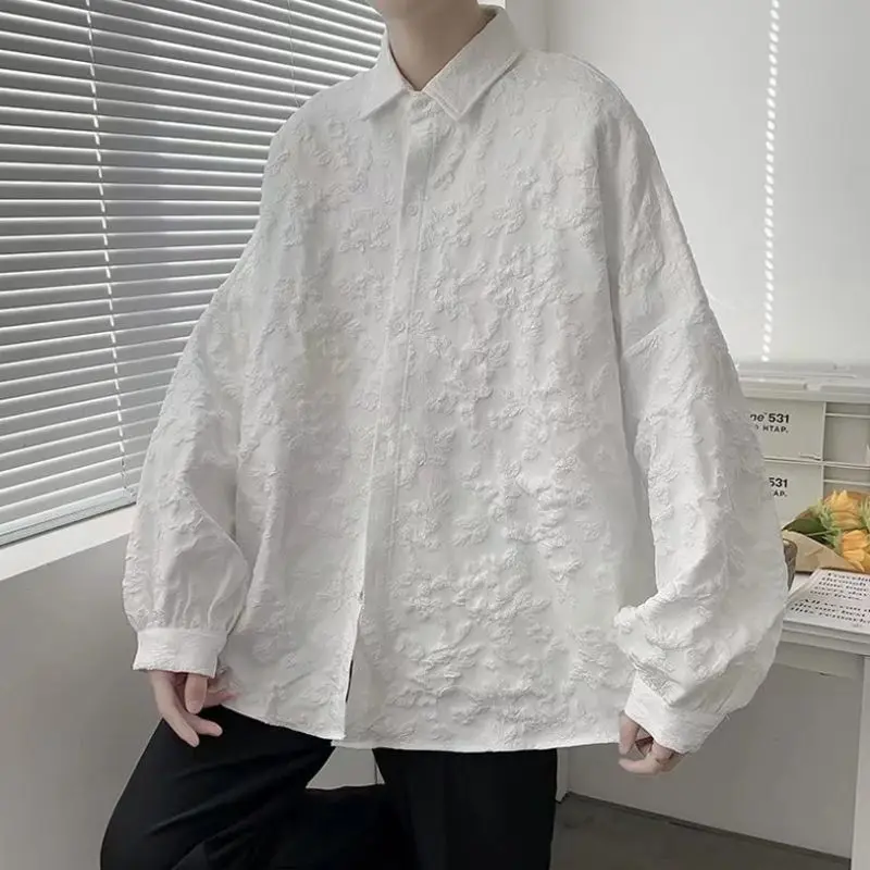 Black White Stereoscopic Printing Turn-down Collar Shirts Casual Four Seasons Men's Clothing Single Breasted Korean High Sense