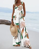 chaxiaoa 1 piece summer 2022 women vacation plants print casual wide leg suspender jumpsuit