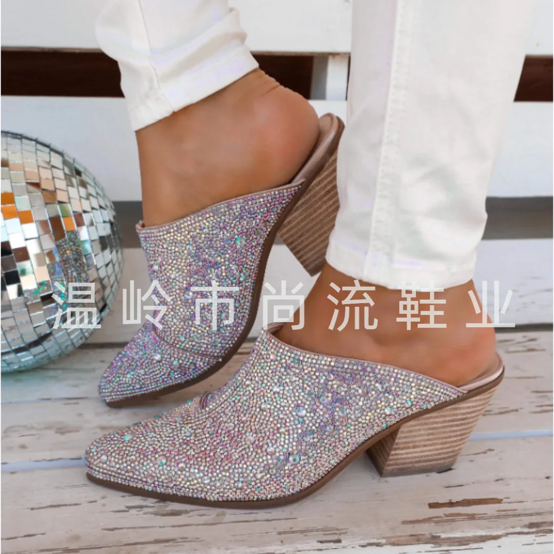 Pointed Toe Short Boots Women Champagne Silver Wide Calf Embroidered Sequin Hot Diamond Block Heel Pull-On Cowgirl Booties Shoes