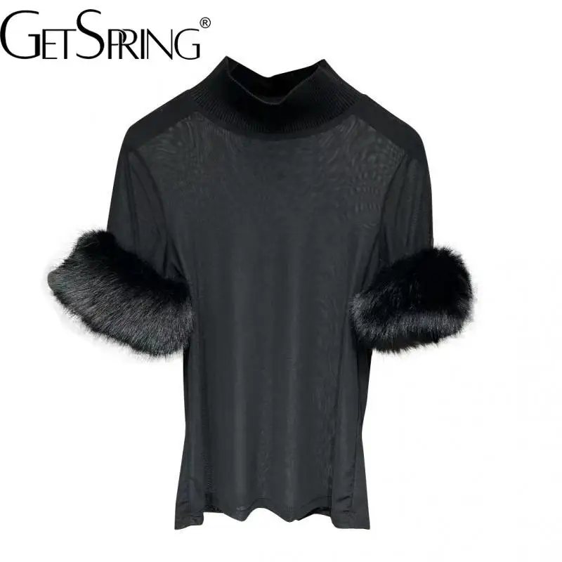 

GetSpring женская футболка с коротким рукавом воротником-стойкой шерстяная сращивающаяся прозрачная газовая Женская футболка модная футболка ...