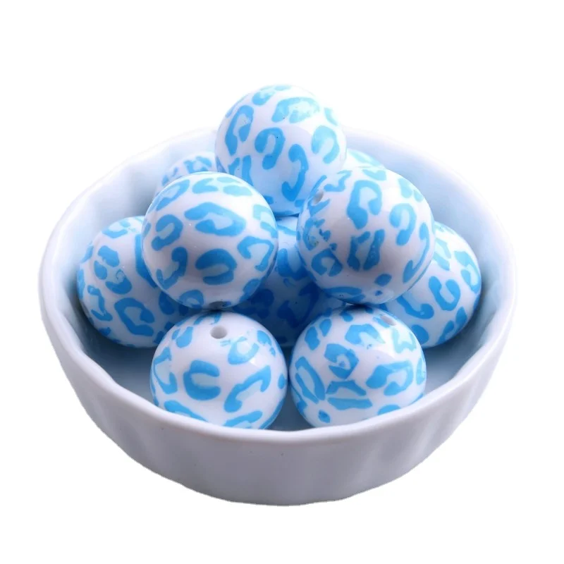 Kwoi Vita 20mm 100pcs Acrylic White Matte Beads Print Aqua Leopard For Chunky Necklace Jewelry |