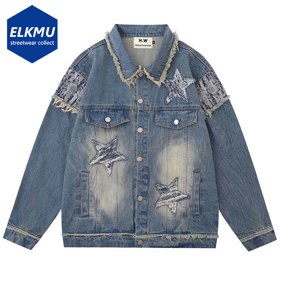 

Men Fashion Blue Jeans Jacket Star Splicing Oversized Harajuku Hip Hop Streetwear Denim Jackets