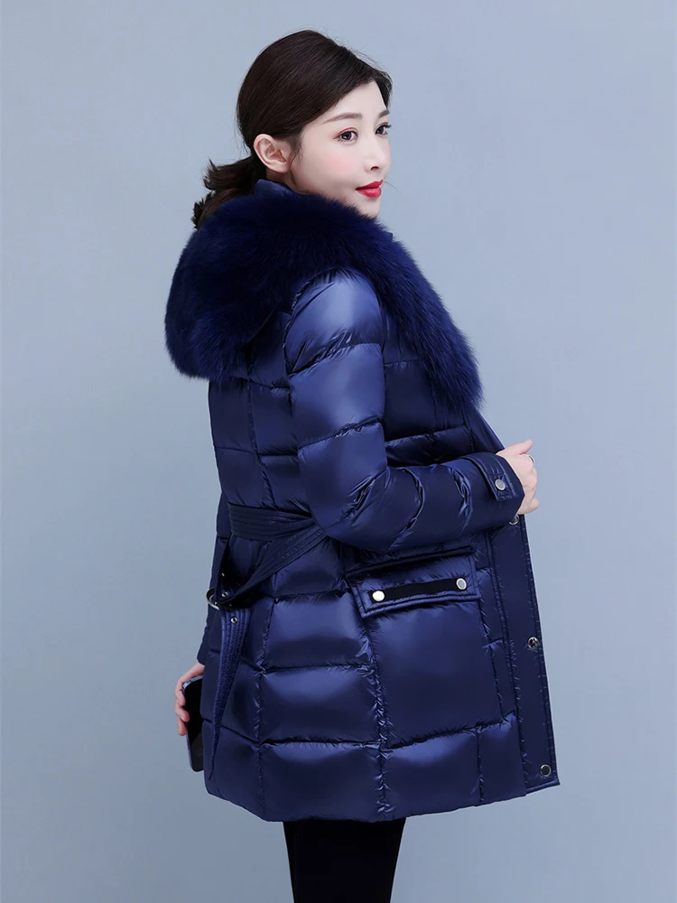 New Women Fur Down Jacket Winter Fashion Luxurious Real Fox Fur Collar Thicken Warm Medium Long Belt Slim Puff Down Coat Female