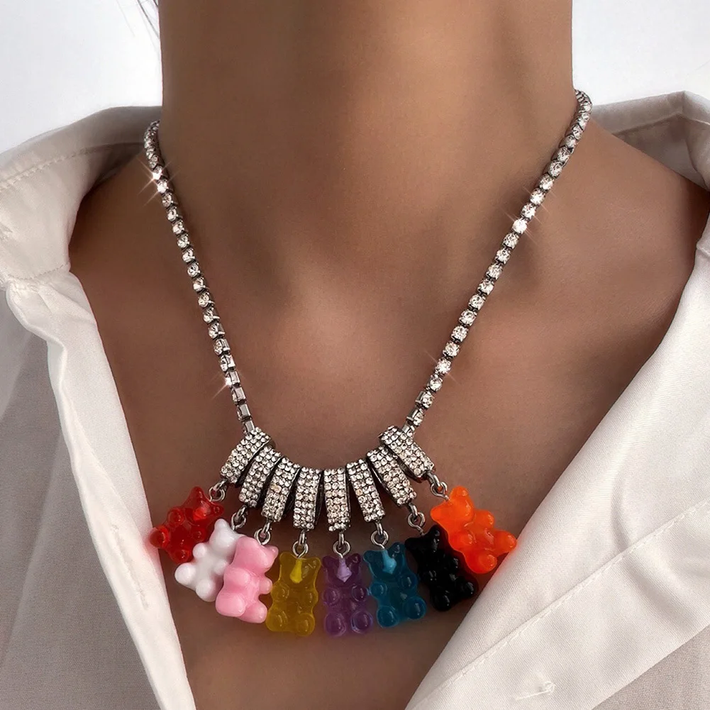 

Fashion Crystal Necklace Women Fashion Candy Jelly Bear Pendant Tennis Chain Girl Jewelry Gift Cartoon Animal