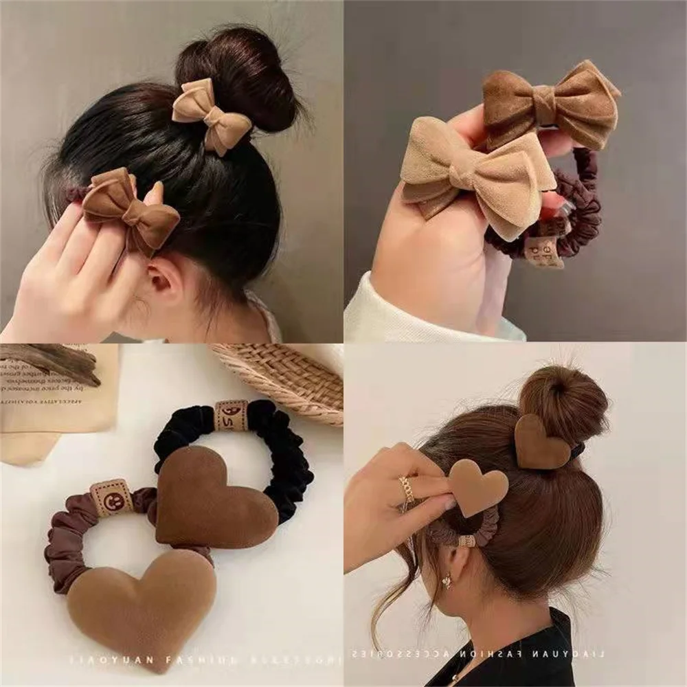 Khaki Coffee Plush Hair Bands Women Girls High Elastic Rubber Ponytail  Scrunchies