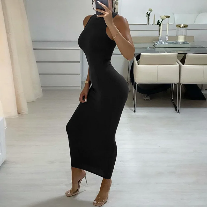 

Ribbed Knitted Autumn Black Maxi Dress Women 2023 Sexy Party Bodycon Long Dress Round Neck Tight Dresses Korean Robes Sundress