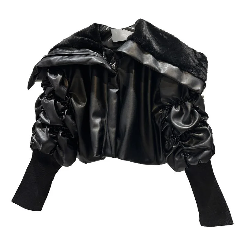 BORVEMAYS 2023 Winter New Fashion Trend Lapel Long Sleeve Solid Color Fur Collar Keep Warm PU Leather Jacket Women  WX367