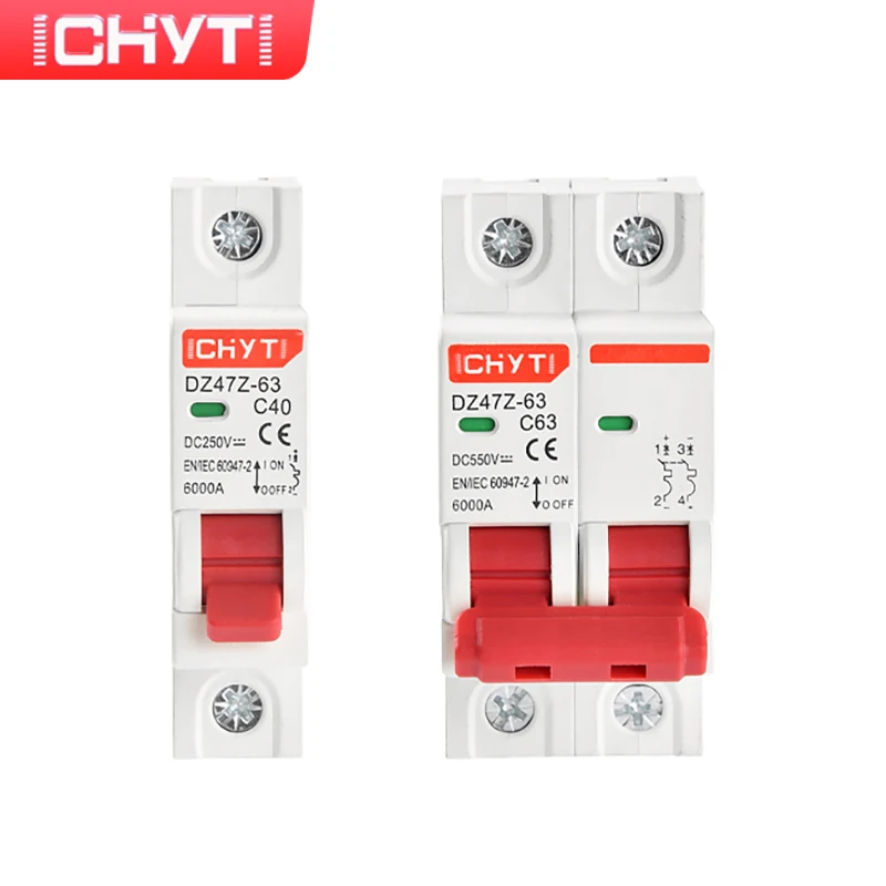 CHYT Free Shipping DZ47Z-63 DC MCB 1P 2P 250V 550V 63A 6kA Solar PV C Curve Switch Mini Circuit breaker