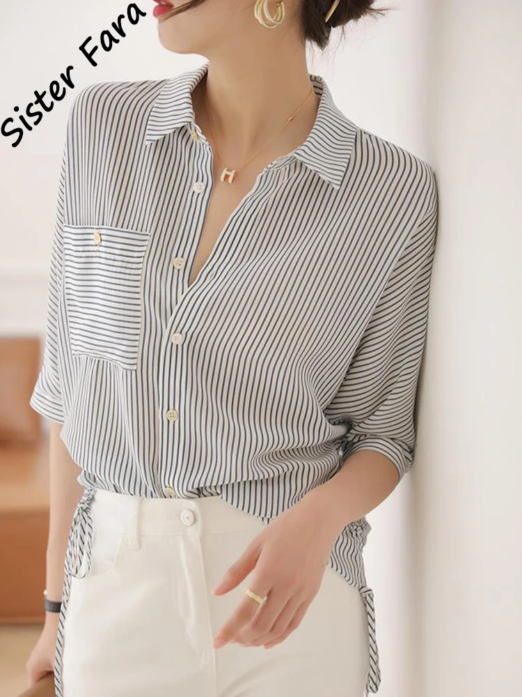 

Sister Fara Fashion Drawstring Silk Blouses for Women Summer Loose Stripe Casual Shirt Ladies Single-breasted Lapel Blouses Tops