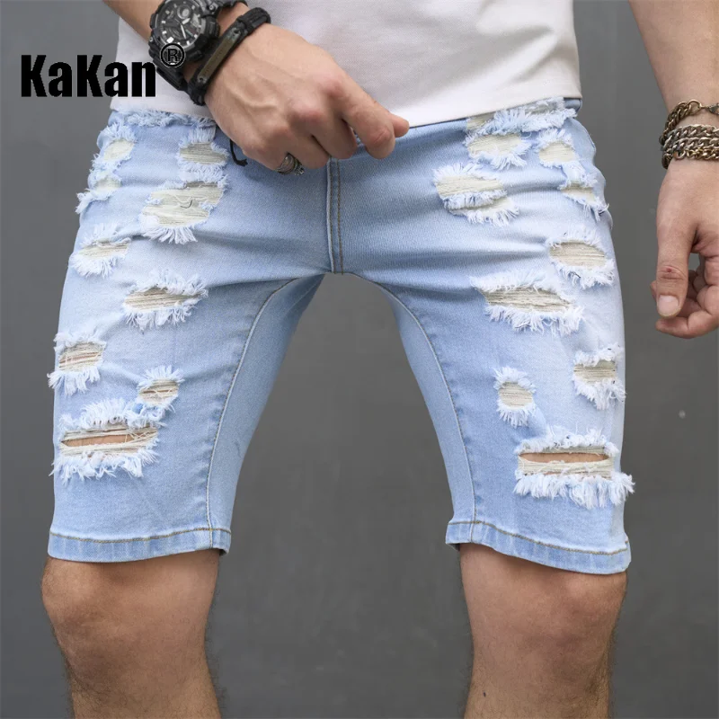 Kakan - European and American Summer New Distressed Stretch Tight Jeans for Men, Casual Light Colored Quarter Pants Jeans K9-635