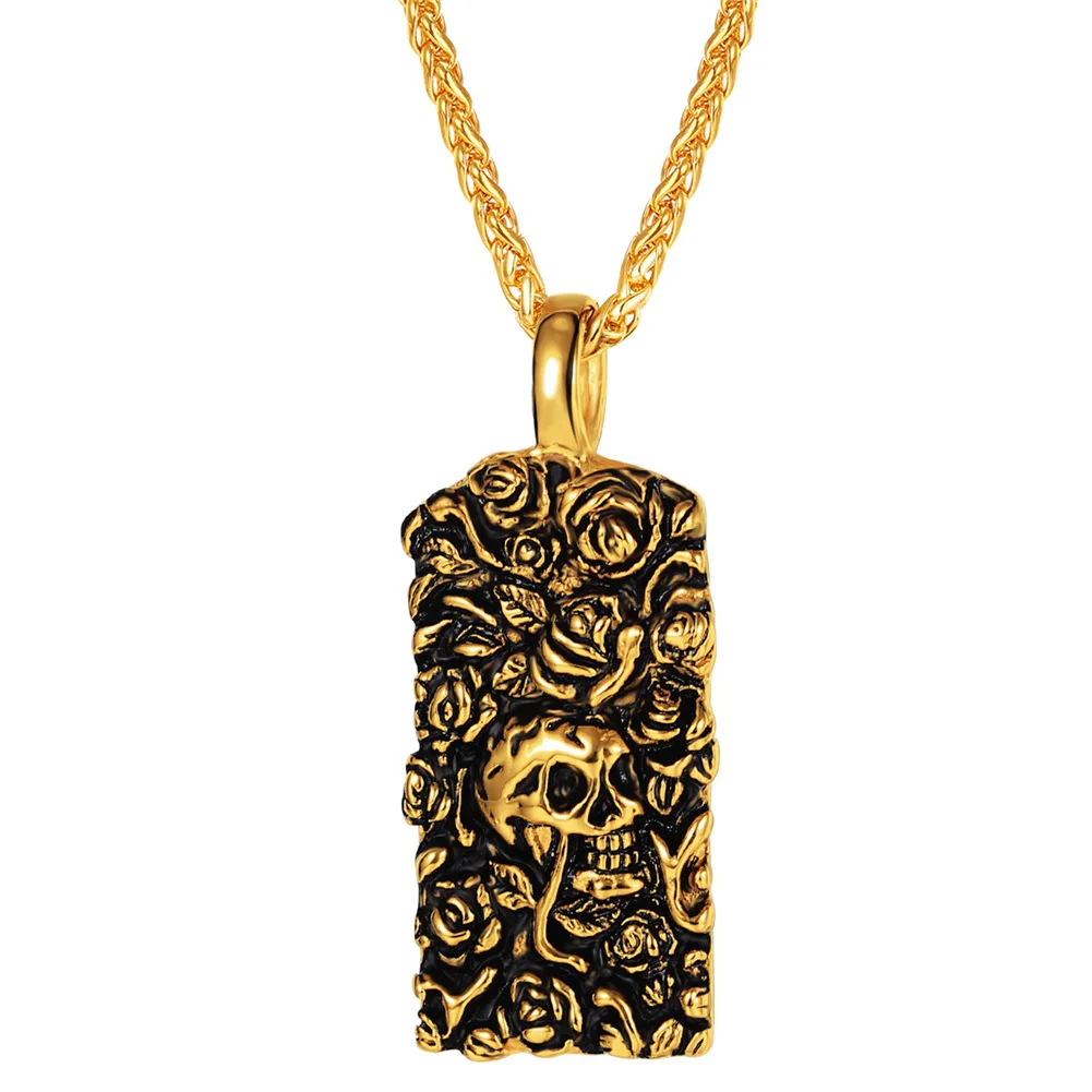 

Collare Skull With Rose Pendant Gold Color Flower Ghostly Skull Stainless Steel Gothic Jewelry Dead Rose Skull Necklace P830