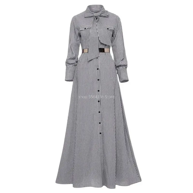 

Women Striped Maxi Dress Floor-length Bowknot Tie Long Sleeve Loose Button Dress Spring Pocket Elegant A-line Casual Long Dress
