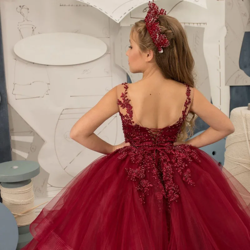 Бордовые платья для девочек-цветочниц по индивидуальному заказу тюлевое пышное