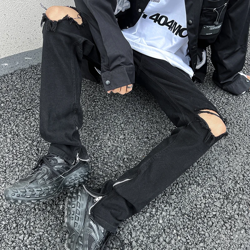 Black Ripped Jeans Men Elastic Fit Fashion Casual Straight Jeans Men Japanese Streetwear Hip-hop Hole Denim Pants Mens Trousers