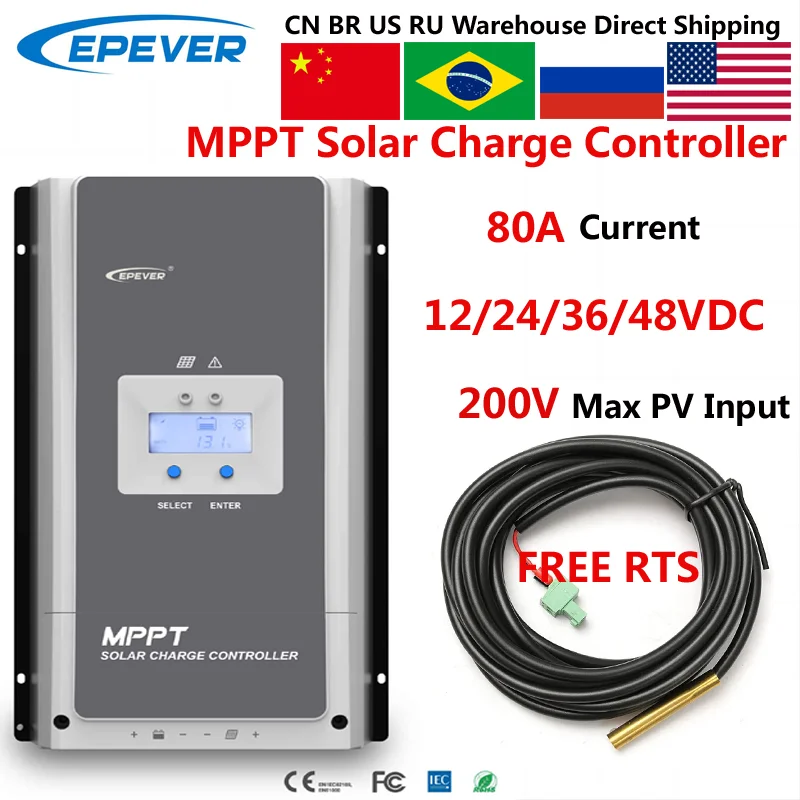 

80A EPEVER MPPT Solar Charge Controller 12V24V36V48V Fit LeadAcid Lithium Battery MaxPV 200V Charger Regulator LCD Display