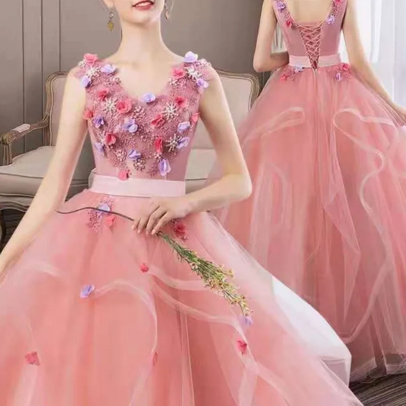 

2023 Quinceanera Dresses New Purple Floral Fairy Long Dress V-neck Backless Floor-length Dress Blue Tulle Beaded Ball Dresses