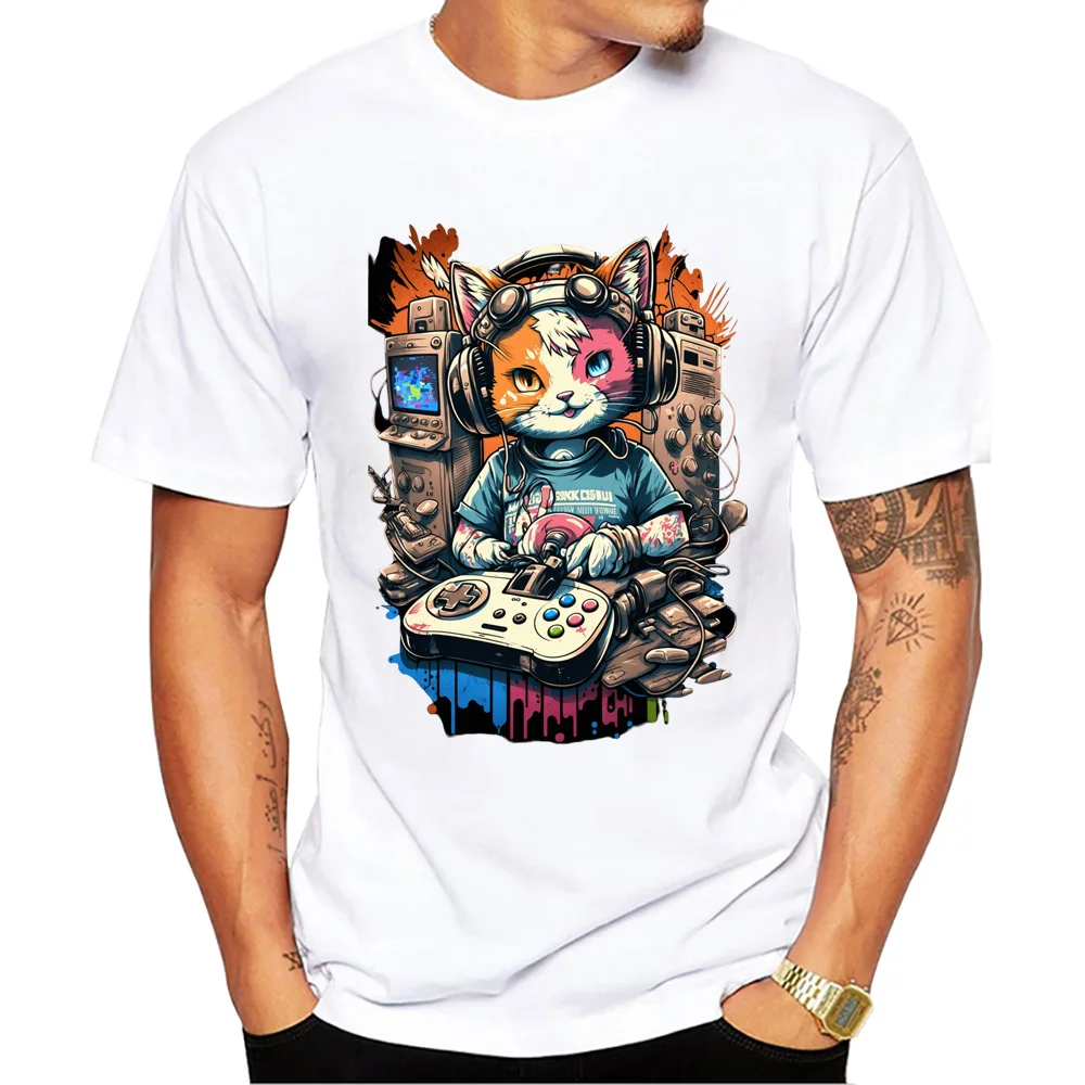 Teehub Vintage coole Katze spielen Spiel Männer Tops 3D Katze drucken T-Shirt O-Ausschnitt Männer Kleidung Kurzarm männlich lässig Streetwear – Detail 5
