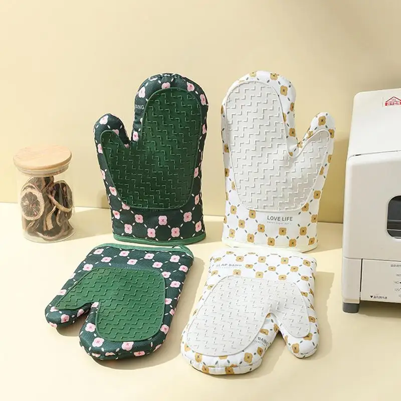 

Термостойкие хлопковые перчатки для духовки, многоразовые нескользящие перчатки для выпечки, кухонные подвесные варежки с держателем для кастрюли, перчатки для микроволновой печи с пятью пальцами