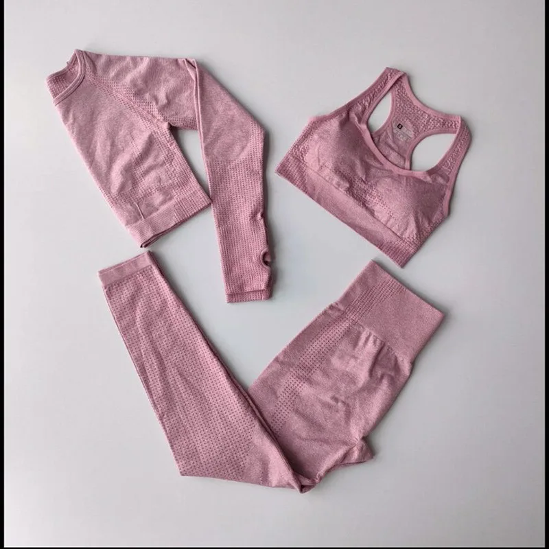 3 Pcs Women Outfit Gym Sets Dot Gather Push-up Bras Sport Long Sleeve Top Scrunch Bum Leggings Yoga Fitness Clothing Quick-dry