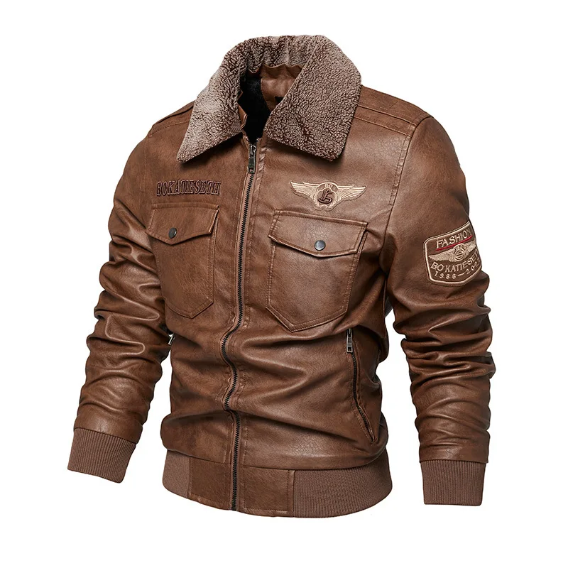 Men's Leather Coat Men's New Winter Lapel Detachable Fur Collar Casual Leather Jacket Plush