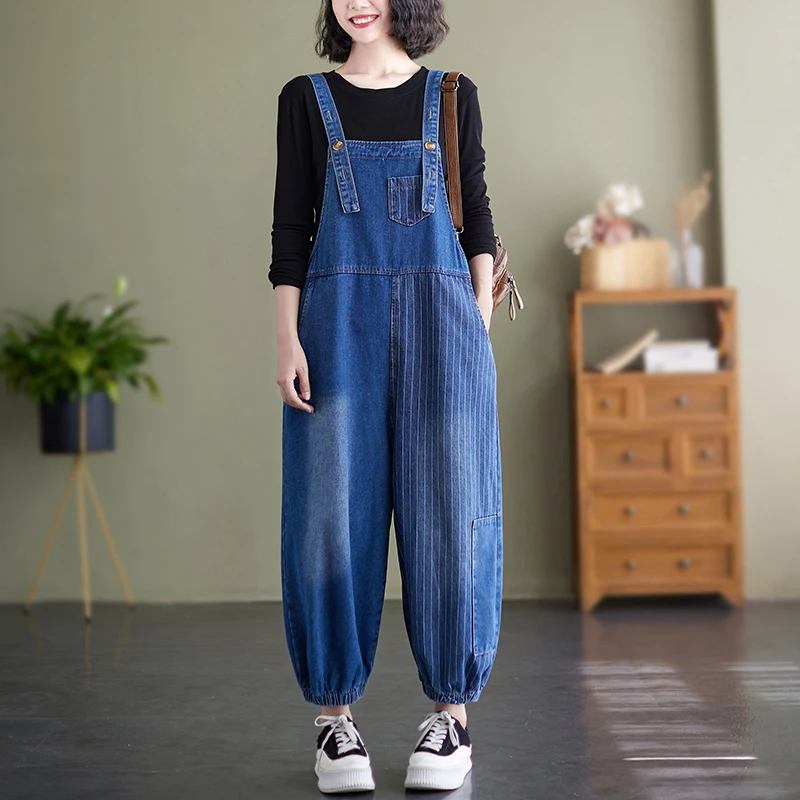 New Loose Wide Leg Denim Jumpsuits For Women Casual Streetwear Striped Patchwork Overalls Jeans Big Size Straps Baggy Pants Blue