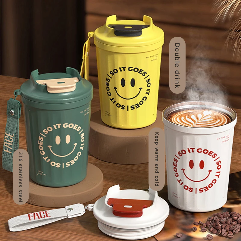 

New Portable Sealed Leak-proof Vacuum Coffee Cup Cute Smiley Pattern With Lanyard 316 Stainless Steel Accompanying Thermos Mug