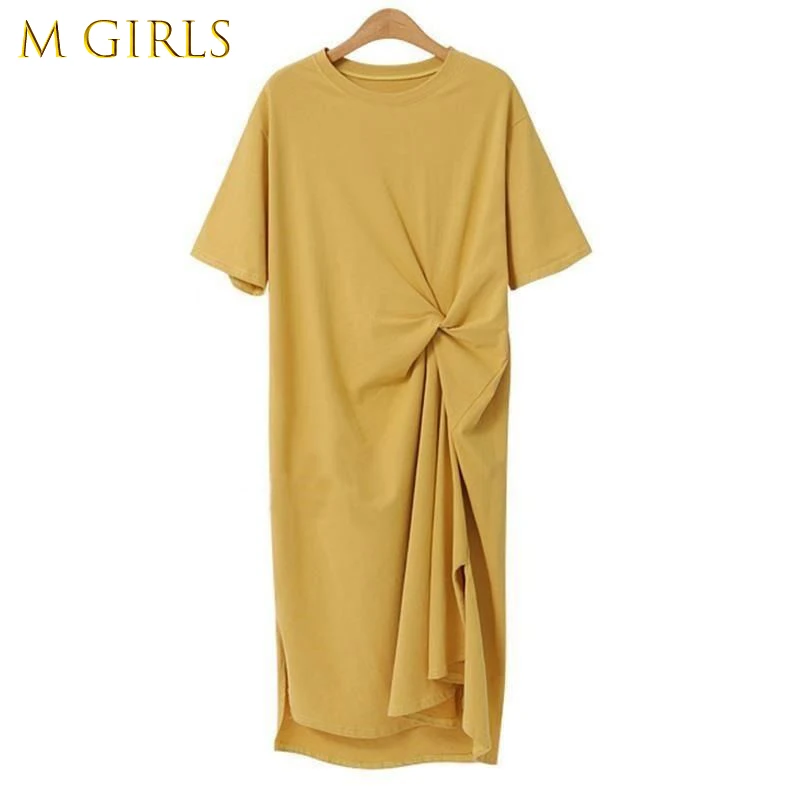 

M GIRLSSummer Dress Casual Black Shirt Dress Midi Women Korean Style Clothes Side Split Ladies 4XL Plus size Short sleeve