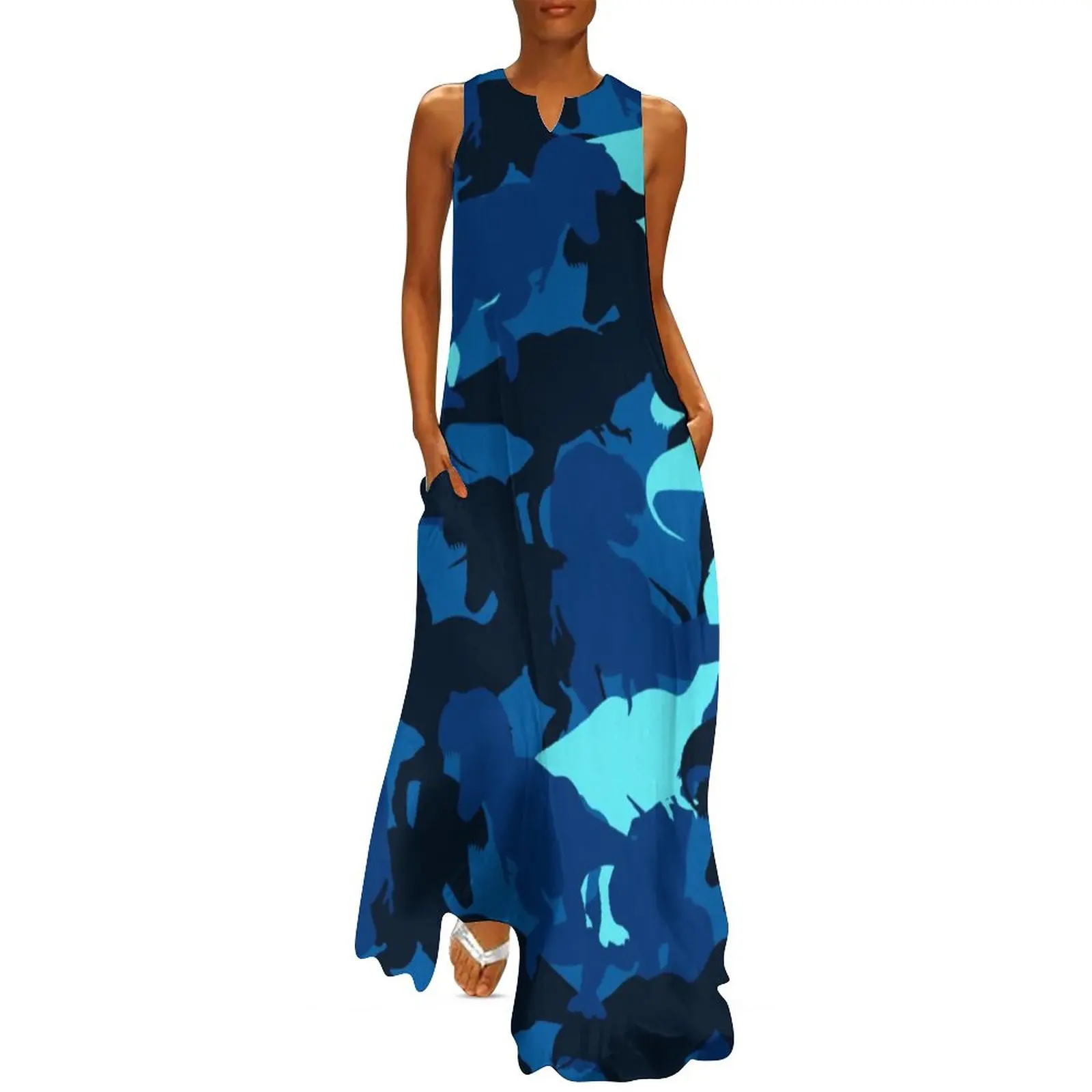 

Платье женское длинное камуфляжное в стиле бохо, элегантное пляжное с абстрактным изображением синего динозавра, уличная мода с животными, идея для подарка, на лето
