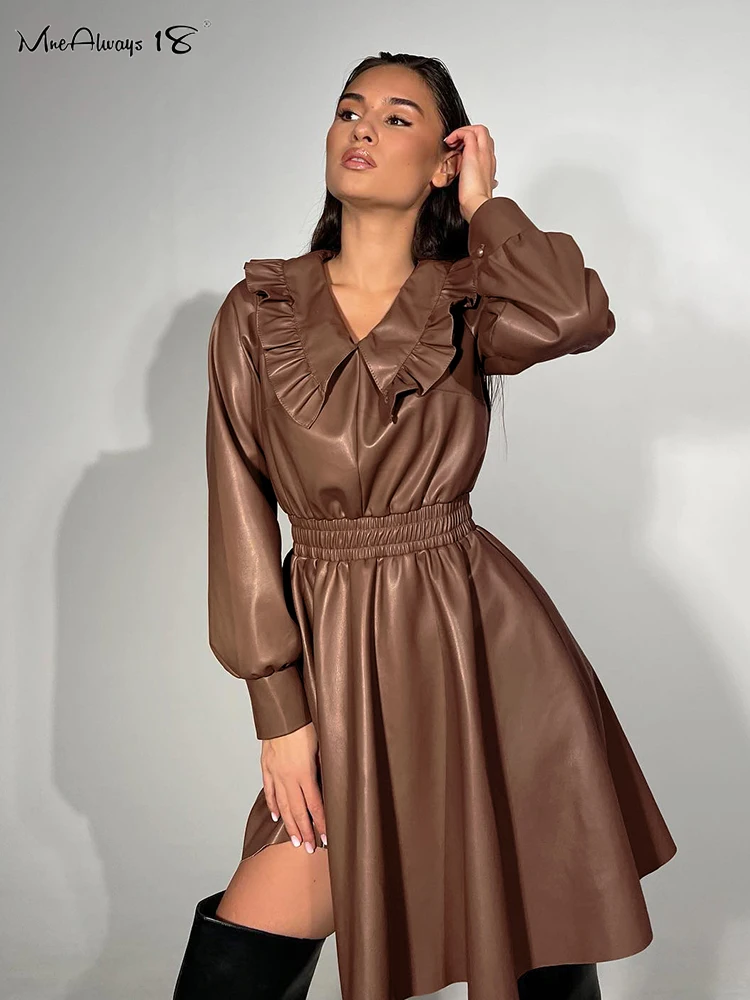 

Mnealways18 Vintage Women Leather Dresses With Peter Pan Collar High Waist Autumn 2023 PU Dress Elegant Ladies Black Dress Frill