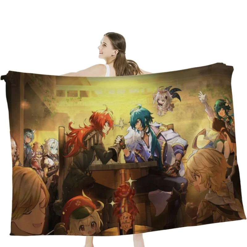 

Genshin Impact Characters Chibi Assemble Throw Blanket Soft Velvet Blanket Camping ,Travel Bedding Blanket