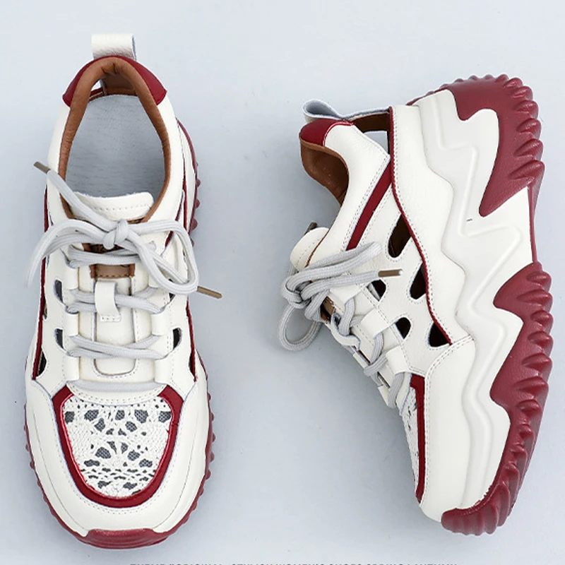 7.5CM Genuine Leather Air Mesh Comfy High Brand Hollow Strap Design Breathable Chunky Sneaker Spring Summer Platform Wedge Shoes