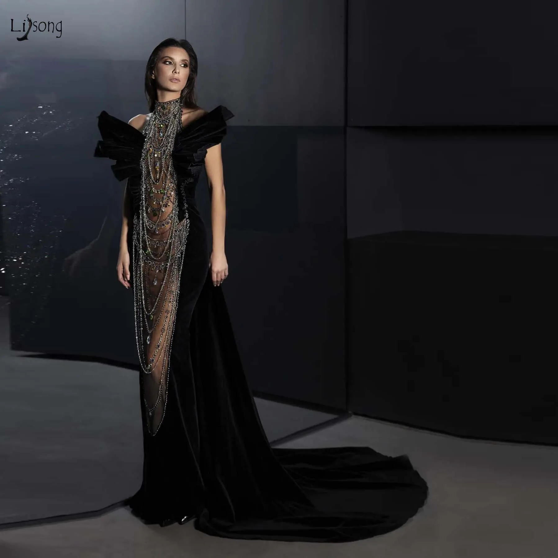 Luxury Crystal Beaded Black Mermaid Evening Dresses Sexy See Thru Long Evening Gowns 2022 Formal Party Dress