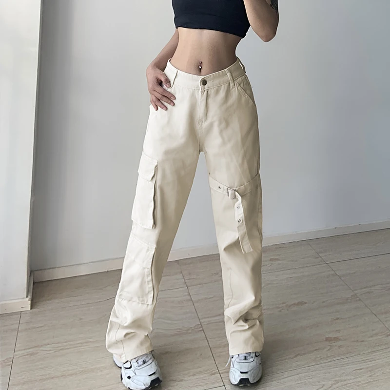

WeiYao White Solid Baggy Jeans Woman Pockets Streetwear Cargo Pants Vintage 90s Aesthetic Casual Loose Denim Trousers Harajuku