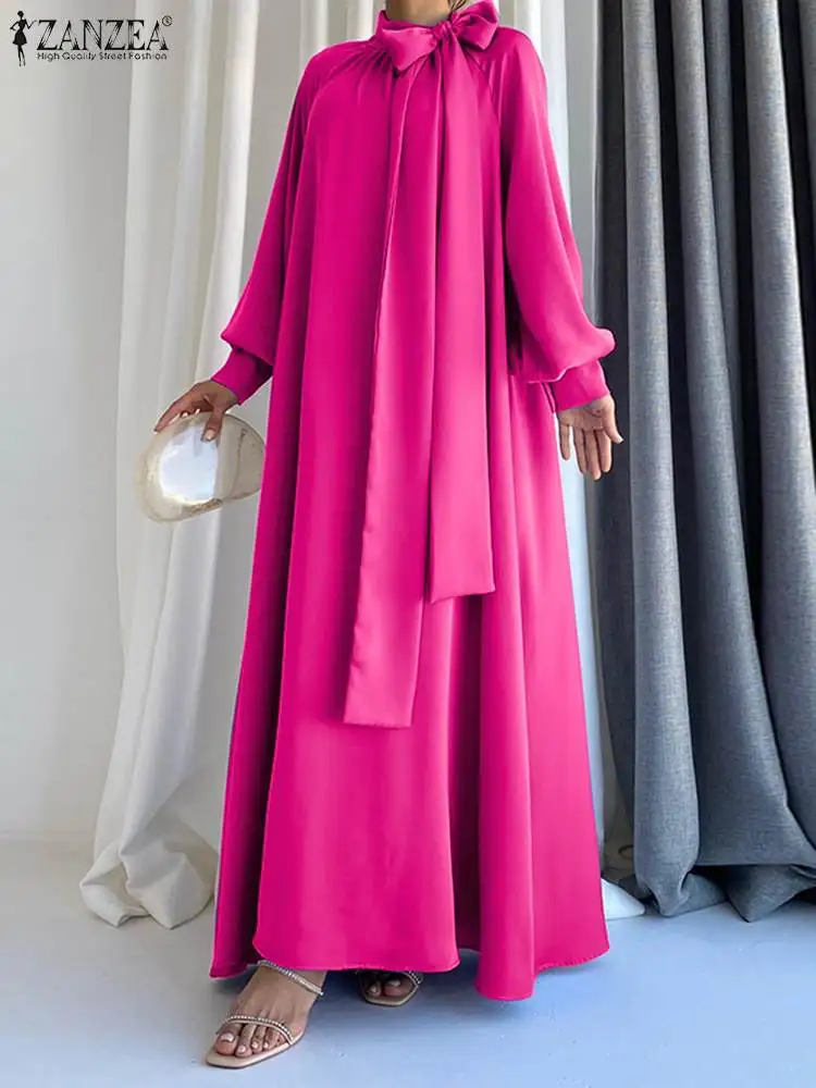 

Платье ZANZEA женское с пышными рукавами, модное повседневное свободное однотонное Макси-платье с бантом на шее, Элегантное Длинное свободное ...